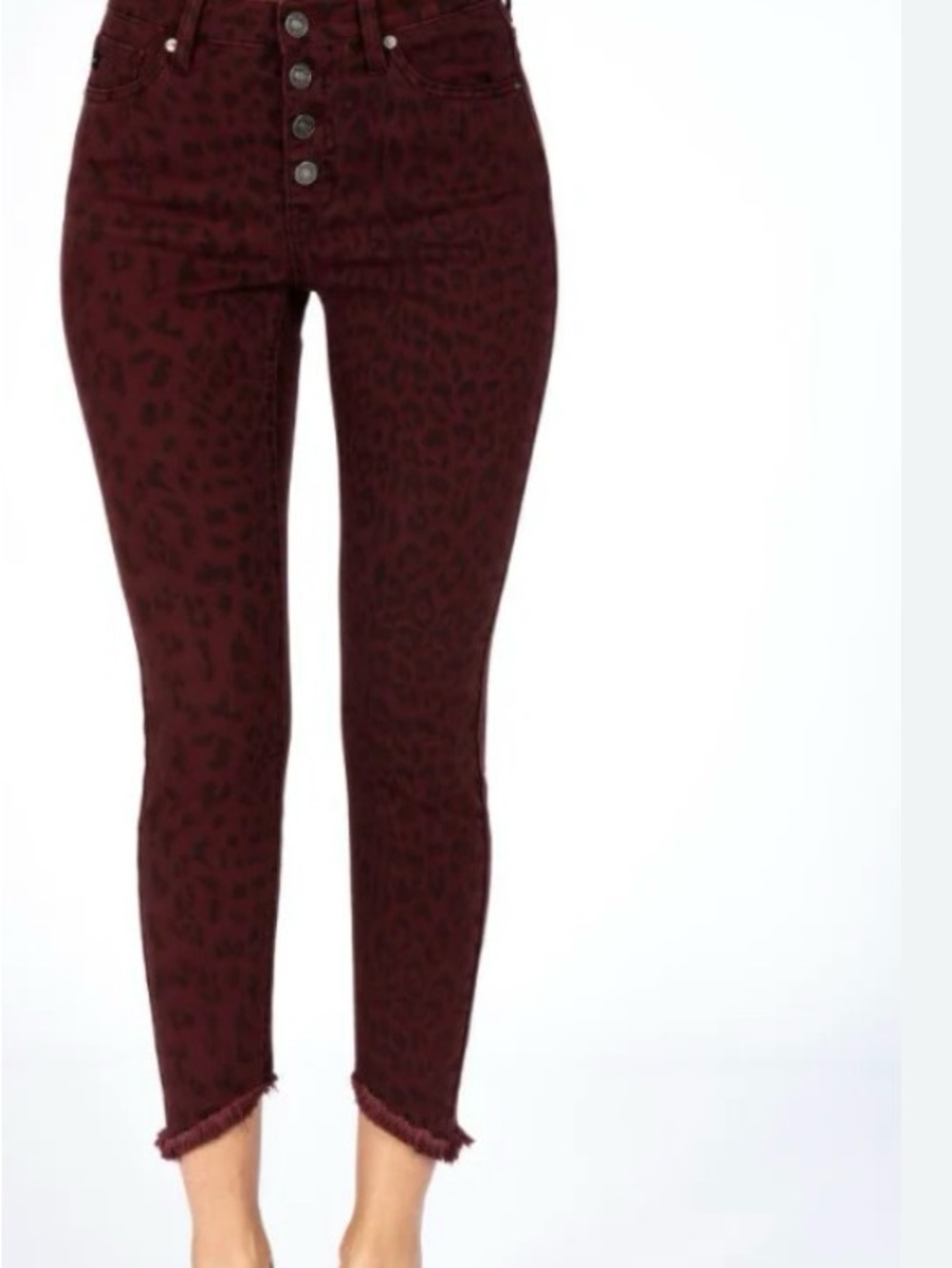 KanCan Burgundy Leopard High-Rise Button Fly 5 Pocket Cropped Jeans